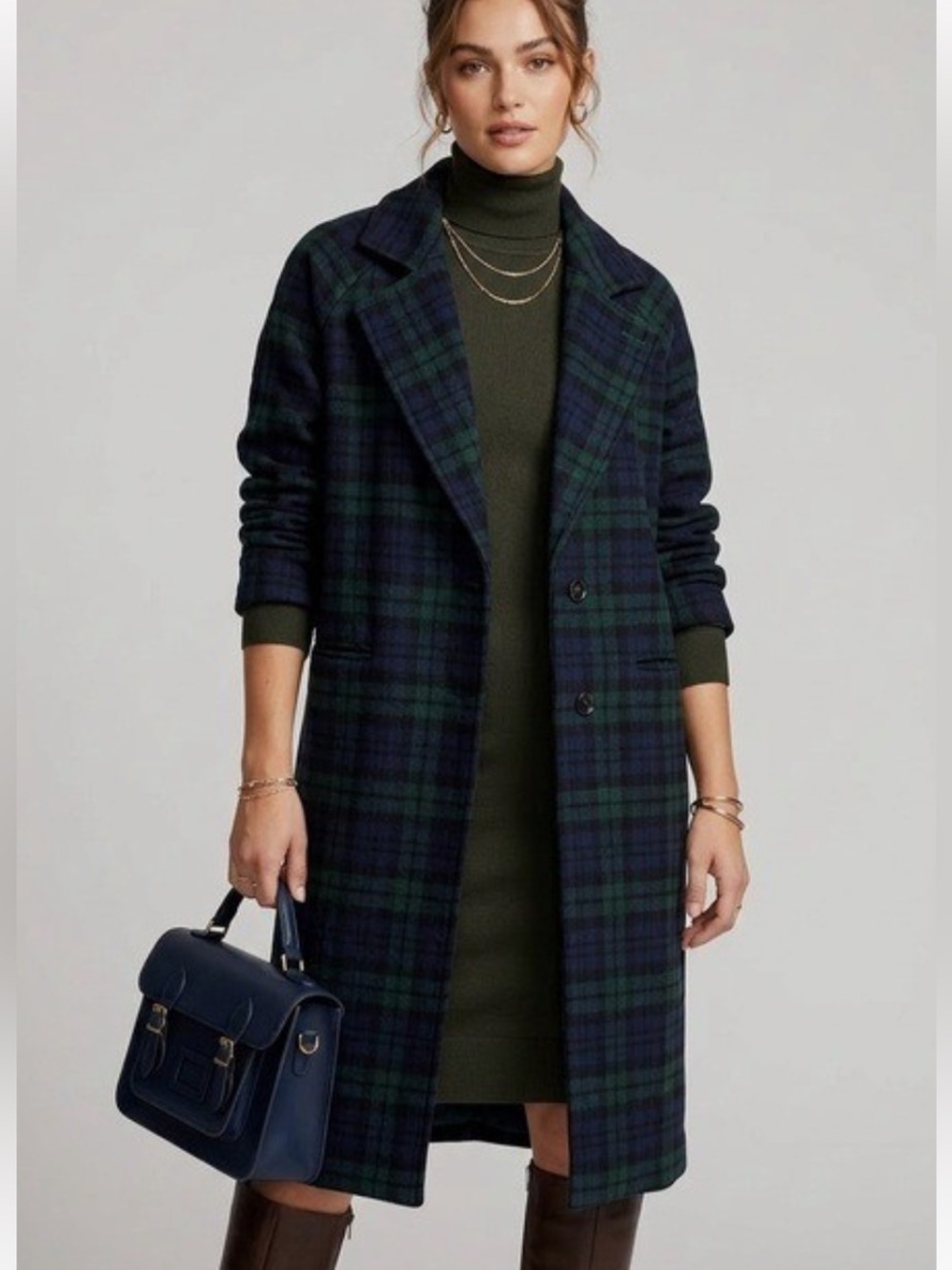 Avec Le Filles Tartan Plaid Long Cocoon Coat in blue & Green Women's Size Medium